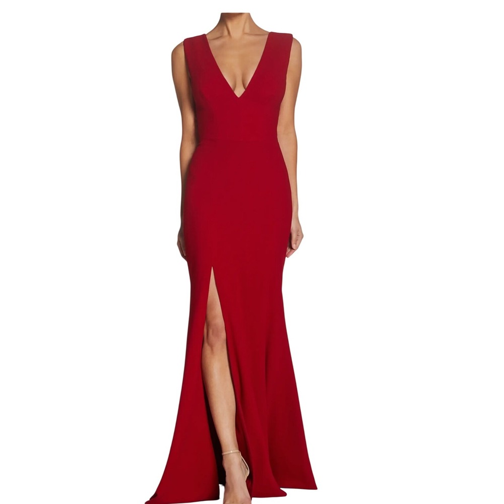Dress the Population Garnet Red V Neck Sleeveless High Slit Evening Gown Size S